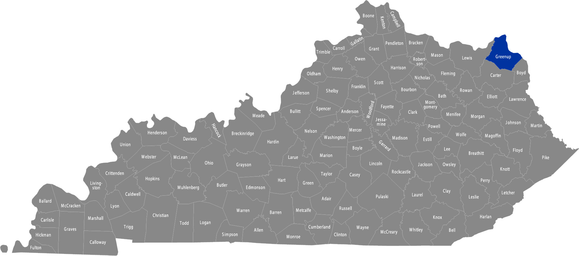 State of Kentucky map with Greenup County highlighted 